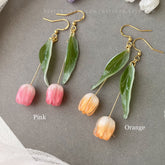 3D Tulip flower dangle earrings, Handmade shrink plastic tulip drop earrings, Pink Orange White purple tulips, Unique gift for her